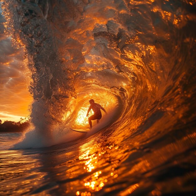 Ultra Detailed image of a person on a surfboard in a wave sunset in the background