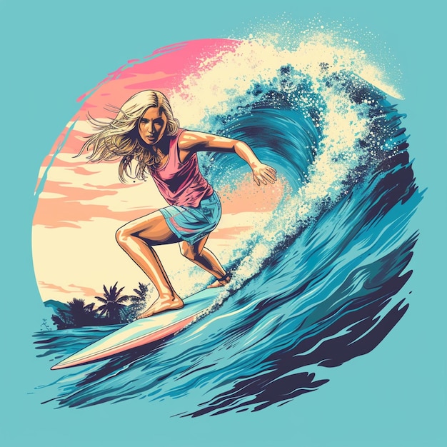 Photo ultra detailed image of a person on a surfboard in a wave sunset in the background