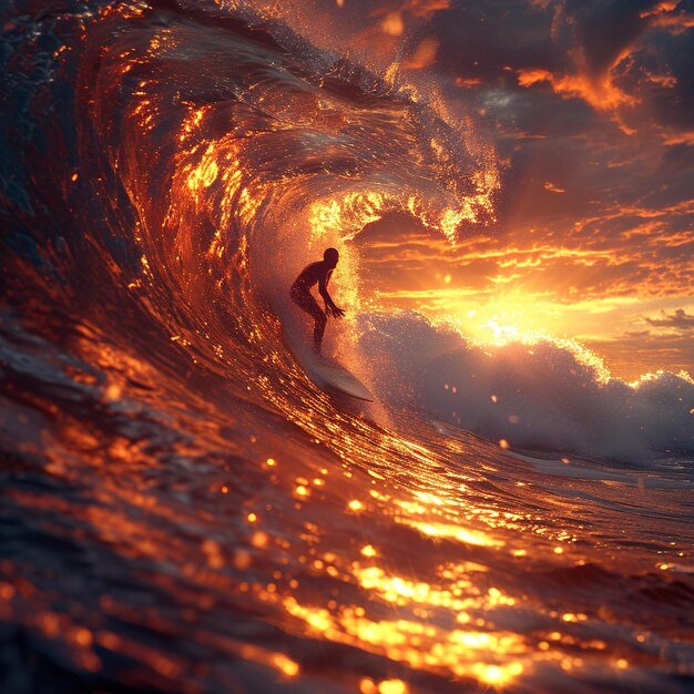 Ultra Detailed image of a person on a surfboard in a wave sunset in the background