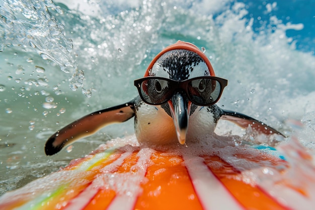 Foto immagine ultra dettagliata di una persona su una tavola da surf in un tramonto di onde sullo sfondo