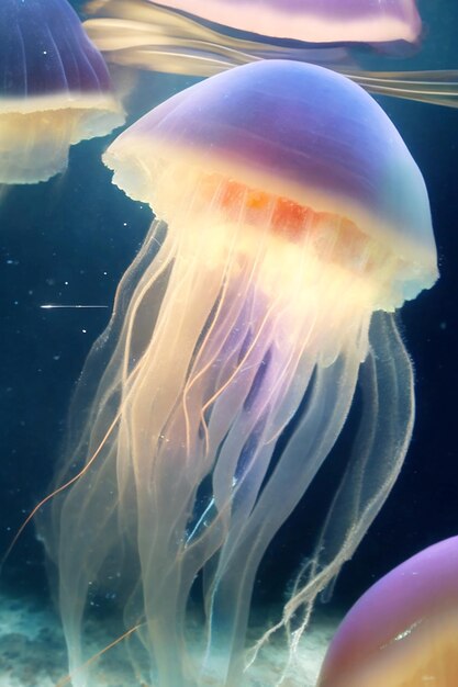 Photo ultra detailed jellyfish sun rays piercing through the sea water at the bottom of the sea