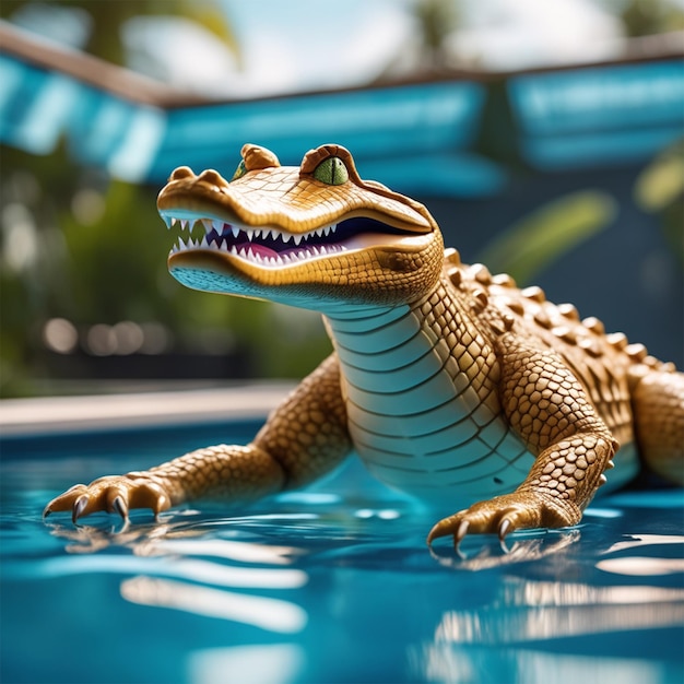 Ультрадетальная фотография потрясающего антропоморфного крокодила, спортивного современного мачомена, плавающего