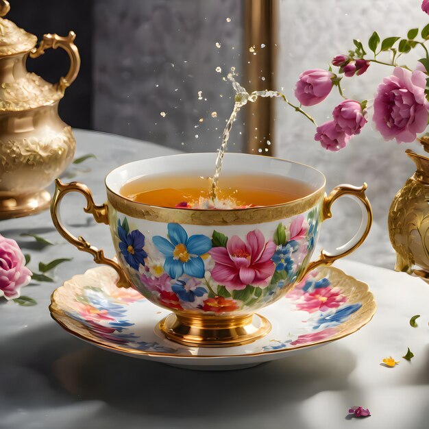 Photo ultra detailed view of a tea cup and fantastic liquid splash 3d rendering colorful design