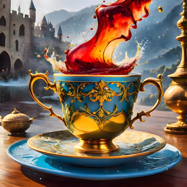 Photo ultra detailed view of a tea cup and fantastic liquid splash 3d rendering colorful design