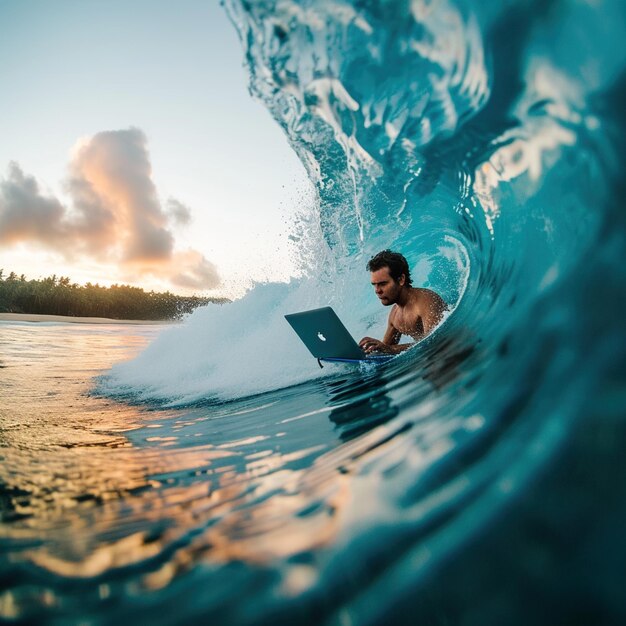 Foto ultra gedetailleerd beeld van een persoon op een surfplank in een golven zonsondergang op de achtergrond