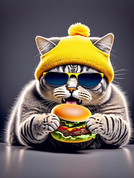 Foto ultra hd kat met een gele pet met een zonnebril die een hamburger eet en in een studio modelleert