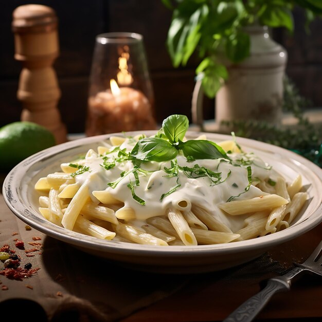 Photo ultra hd photography of penne italian pasta with white cream sauce on top