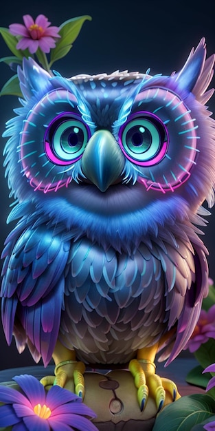 ultra high resolution hyperrealistic neon glowing metallic owl in close up looking directly to the c