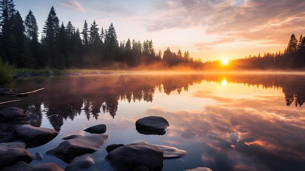 Photo ultra high resolution view of a smooth glassy lake at sunrise