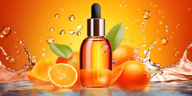 Ultra hydrating facial vitamin c serum ad dropper bottle over sliced tangerine floating and liquid splash swirl in background skincare concept generative ai