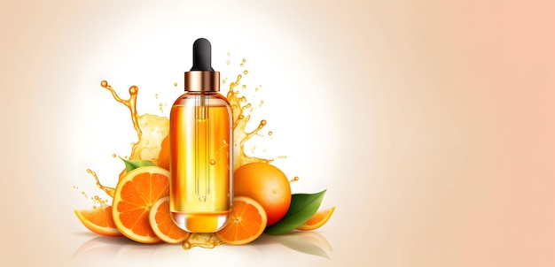 Ultra hydrating facial Vitamin C Serum Ad Dropper bottle over sliced tangerine floating and liquid splash swirl in background Skincare concept Generative Ai