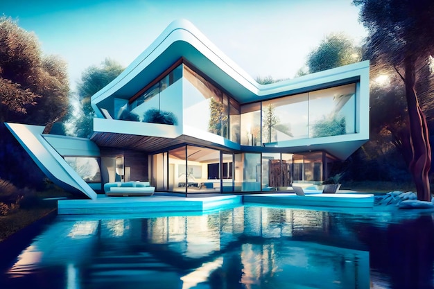 Ultra Modern future Villa wit pool and garden Generative AIxA