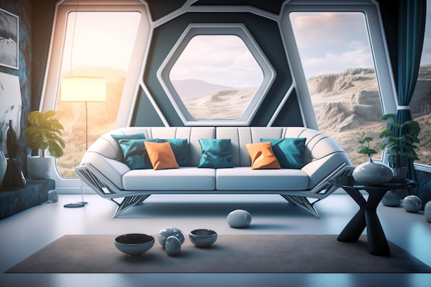 Ultra modern living room with futuristic sofa and wall decoration Generative ai illustration