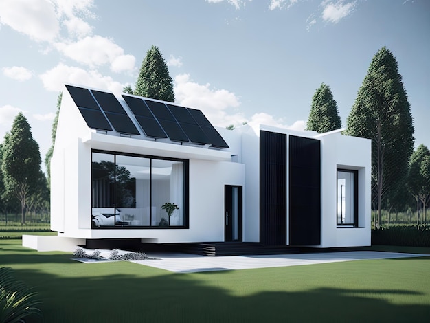 Ultra modern minimalistic outside stylish house with solar panels ai generative