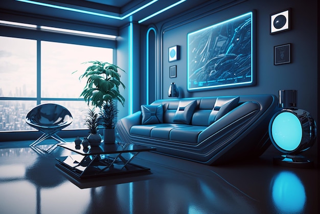 Ultra moderne en futuristische blauwe woonkamer met futuristische bank en meubels039s