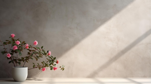 사진 분홍색 꽃으로 미니멀리즘 돌 벽 꽃병의 초현실적인 3d 렌더링