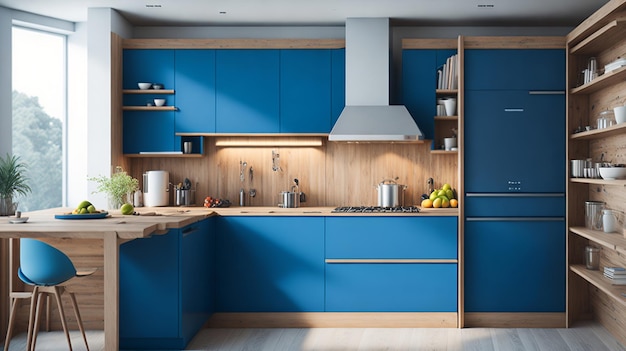ultra photorealistic modern wood blue kitchen