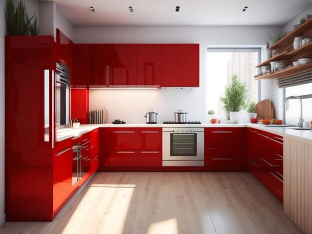 ultra photorealistic modern wood and red kitchen