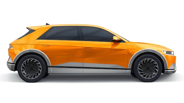 Ultra progressieve elektrische hatchback SUV voor mensen die houden van technologie Oranje auto op een witte geïsoleerde achtergrond 3d illustratie