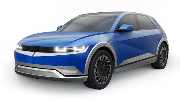 Ultra progressieve elektrische hatchback SUV voor mensen die van technologie houden Blauwe auto op een witte geïsoleerde achtergrond 3d illustratie