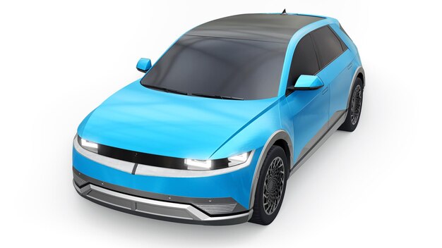 Ultra progressieve elektrische hatchback suv voor mensen die van technologie houden blauwe auto op een witte geïsoleerde achtergrond 3d illustratie