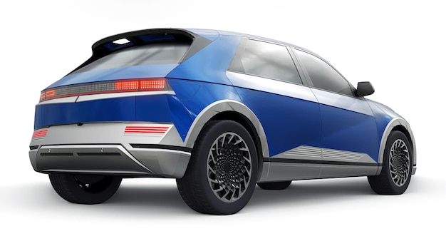 Ultra progressieve elektrische hatchback SUV voor mensen die van technologie houden Blauwe auto op een witte geïsoleerde achtergrond 3d illustratie
