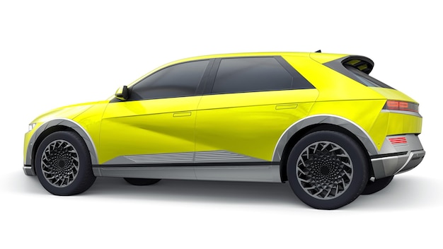 Ultra progressieve elektrische hatchback SUV voor mensen die van technologie houden Gele auto op een witte geïsoleerde achtergrond 3d illustratie