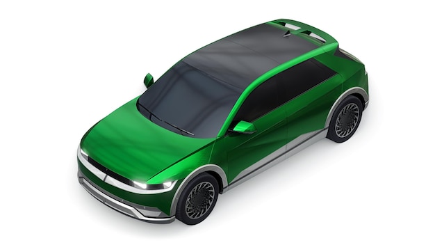 Ultra progressieve elektrische hatchback SUV voor mensen die van technologie houden Groene auto op een witte geïsoleerde achtergrond 3d illustratie