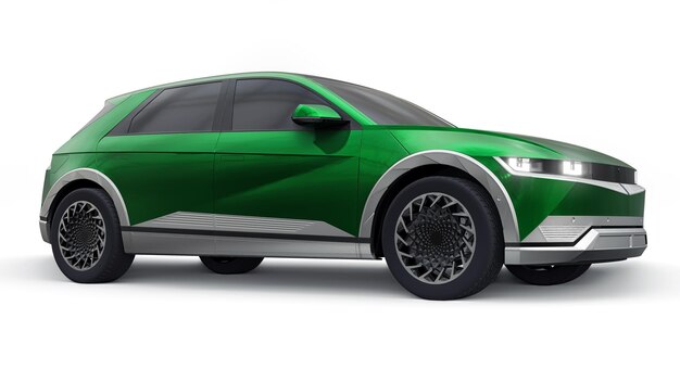 Ultra progressive electric hatchback SUV for people who love technology Green car on a white isolated background 3d illustration