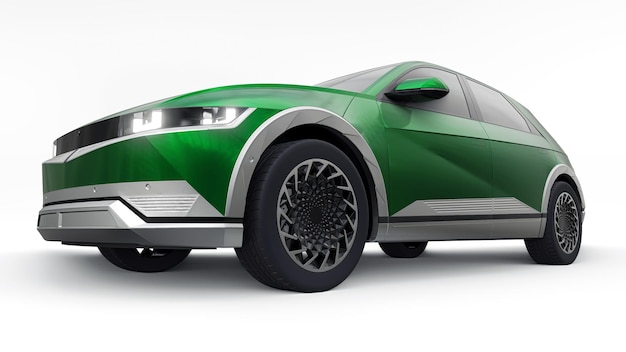 Ultra progressive electric hatchback SUV for people who love technology Green car on a white isolated background 3d illustration