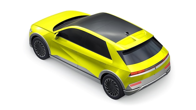 Ultra progressive electric hatchback SUV for people who love technology Yellow car on a white isolated background 3d illustration