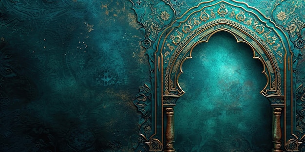 Ultra realistic background for Ramadan features beautifully crafted turquoise and gold Islamic arch