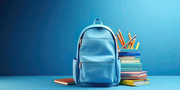 ultra realistic blue backpack with books and arranged school stationary beside it on blue background