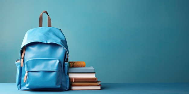 ultra realistic blue backpack with books and arranged school stationary beside it on blue background