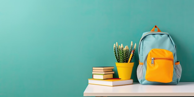 ultra realistic blue mug with colored pencils and stack of books on the light wooden table