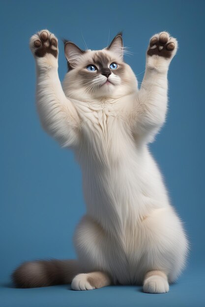 Ultra realistic and detailed ragdoll cat candid shot on full body blue background in studio ultra H