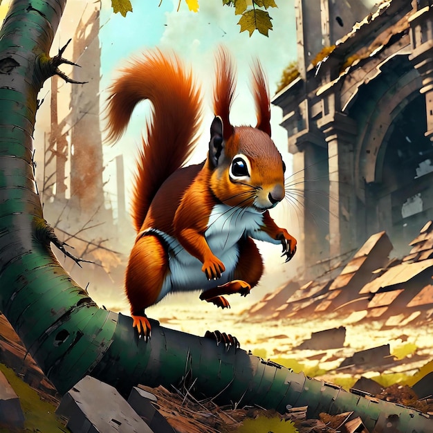 Photo an ultra realistic image of a squirrel in post apocalyptic city ruins