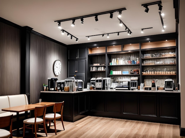 Ультра-реалистичный дизайн интерьера кафе средний кадр гипердеталь высокий генеративный ИИ