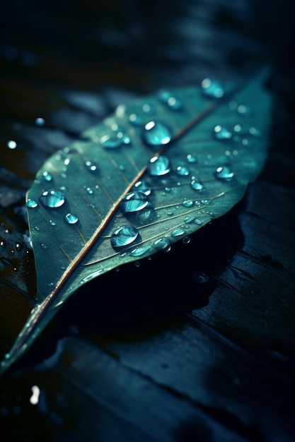 Ultra realistic a leaf falls with water drops on it