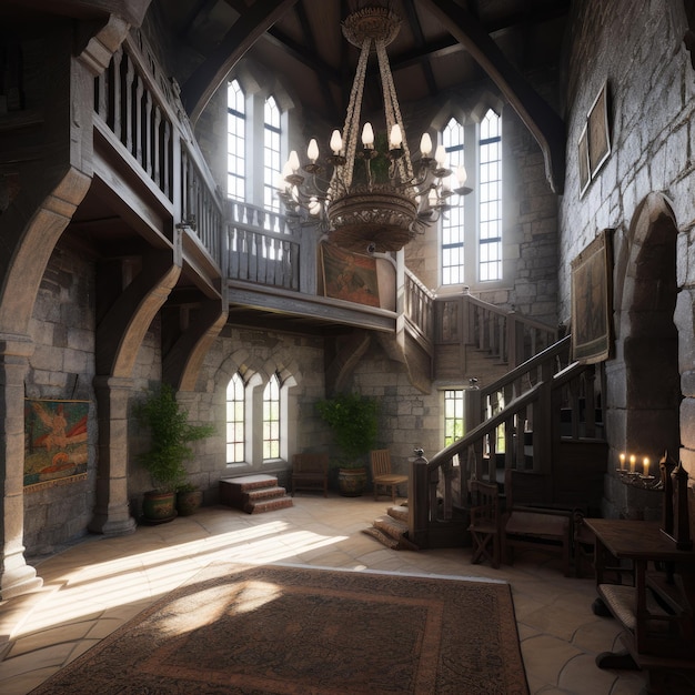 Ультра-реалистичный современный интерьер замка Большая комната с люстрами, висящими с потолка