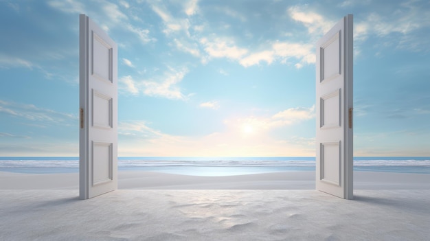 Photo ultra realistic open doorway at a beach as a digital backdrop with puddles ultrawide shot