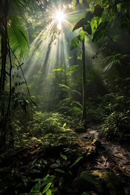 Ultra realistic sun shining through the rainforest