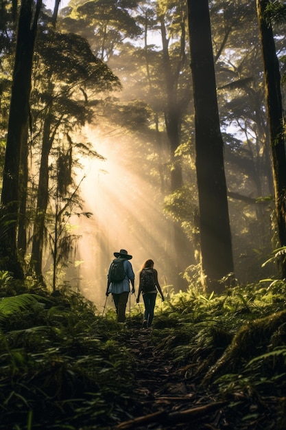 超現実的な朝の森の散歩と太陽