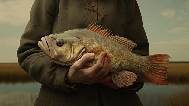 魚を握る年配の女性の超現実的なZbrush刻