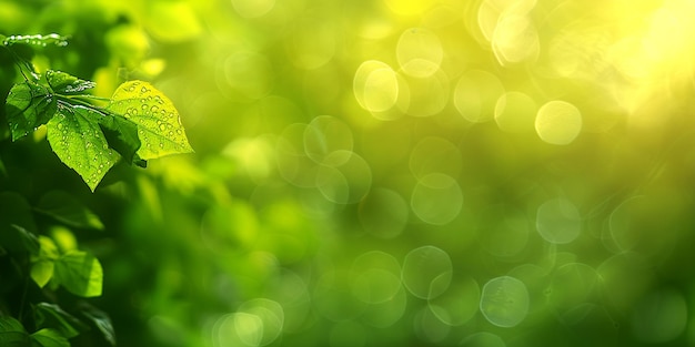 Ultra sharp image of dew on green leaves in sunlight copy space for text