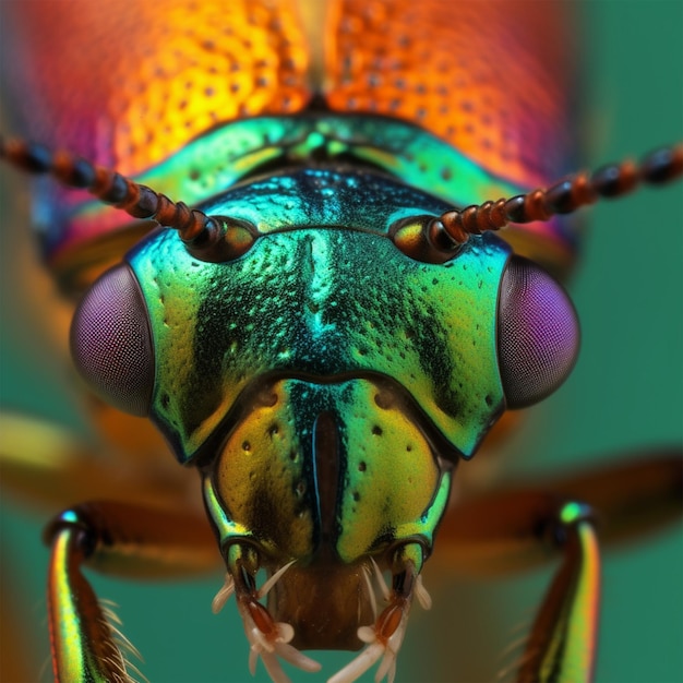 Foto ultraclose della testa vibrante di un coleottero gioiello