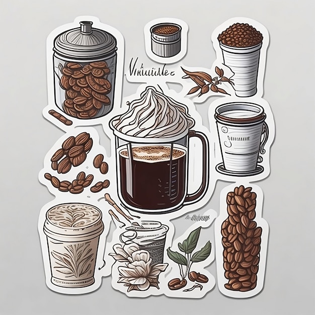 Ultradetailed stickers of different Vietnamese coffee