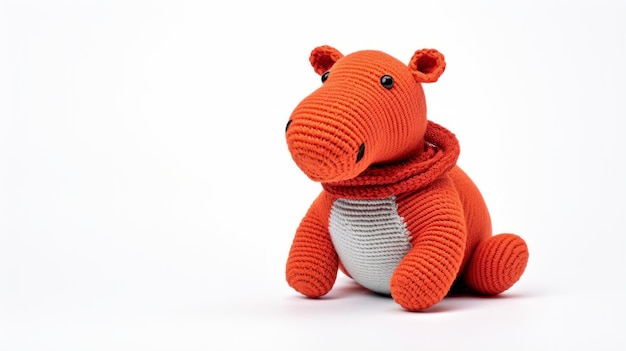 Photo ultrafine detail knitted hippopotamus toy with scarf