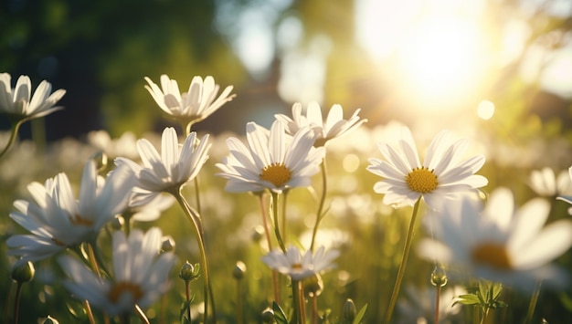 Ultraluxe fototulpen in het gras en de zon achter filmisch en toch ultrarealistisch