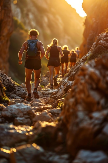 Ultramarathon runners ascend a mountain showcasing strength and perseverance